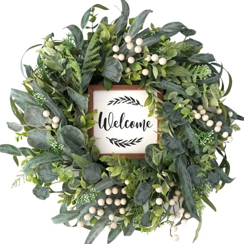 CIR OASES Green Eucalyptus Wreath for Front Door, 20 inch Eucalyptus Leaves and White Berries Wreath with Welcome Sign, Four Seasons Wreaths for Indoor/Outdoor Farmhouse Home Wall Window Decor