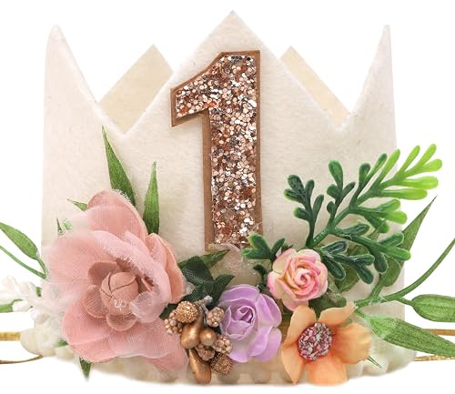 MADENG Floral Greens 1st Birthday Outfit - Bohemian Woodland Camping Party Decorations, Girl's Froal One Birthday Hat and Leaf Crown