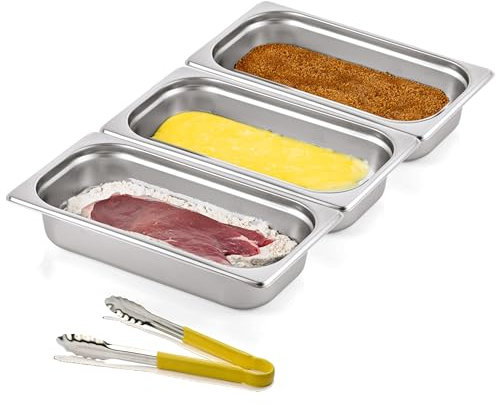 Morleos 3 bandejas para empanar + pinzas amarillas | GN 1/3 cuencos de metal de acero inoxidable cada uno de 32,5 x 17,6 x 6,5 cm | Volumen total: 7,5 litros | empanado y marinado carne, chuletas |