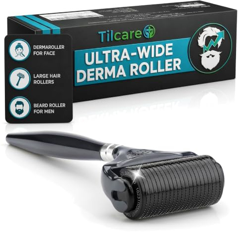 Beard and Hair Ultra Wide Derma Roller (1Pack) by Tilcare - Sterile 1200 Grade A Titanium Microneedles Titanium Derma Roller 0.25mm