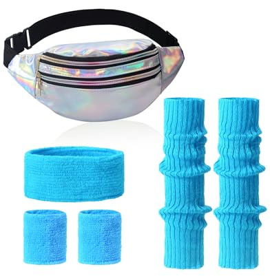 Clundoo 80er Jahre Outfit Damen Set - Bauchtasche Neon, Stirnband, Beinwärmer, Handschuhe für 90er Kostüm Party Fasching Karneval (Blau)