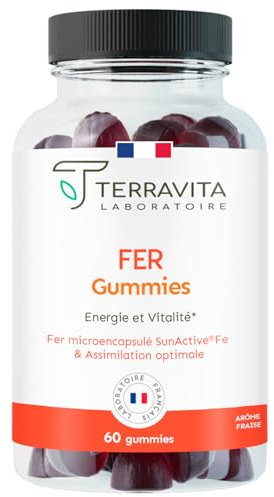 Gummies FER | Tonus et Anti-Fatigue | Fer élément Micro-Encapsulé | Forme Liposomale Brevetée SunActive | Assimilation Optimale | 60 Gummies Goût Fraise | Sans Gélatine | Made in France | Terravita