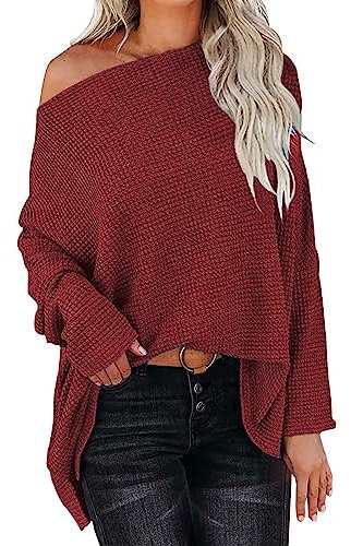 Off The Shoulder Jumpers for Women Womens Off Shoulder Long Sleeve Oversized Pullover Sweater Knit Jumper Loose Tops Jumpers Women Sales Travel Essentials Fleece Warm Christmas Sweaters for Women UK