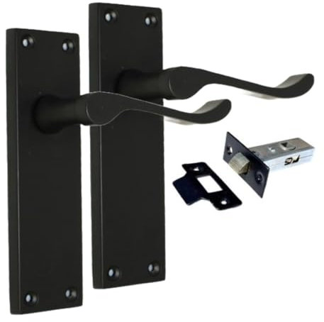 Epsom Door Handle Victorian Scroll Matt Black Internal Door Handle Set – Lever on Backplate 150mm x 42mm – Includes Tubular Latch – 1 Pair