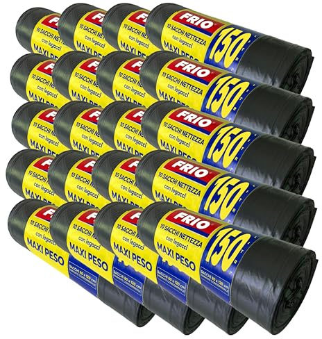 FRIO - 200 sacchi neri grandi, 150 litri, buste spazzatura condominiali formato scorta per bidone raccolta differenziata, con legacci. Sacchetti spazzatura 80x120 cm, multistrato, resistenti