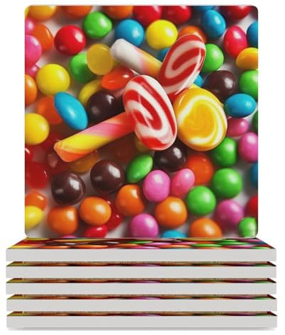 Untersetzer-Set, bunte Süßigkeiten-Untersetzer für Couchtisch, saugfähige Keramik-Untersetzer mit Korkboden, quadratische Untersetzer, rutschfest, 9,4 x 9,4 x 0,8 cm, 6 Stück