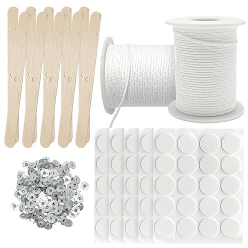 Xpieoyrm 2 Volumi Stoppini per candele in cotone 122m,Stoppini per Candele fai da te,Set di Stoppini per candele,Contiene supporto in legno,base in metallo e adesivi,per lampade a olio,aromaterapia