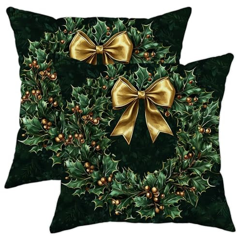 Federa decorativa per cuscino con ghirlanda di agrifoglio, verde e oro, per le vacanze invernali, per casa, soggiorno, camera da letto, divano, 45,7 x 45,7 cm