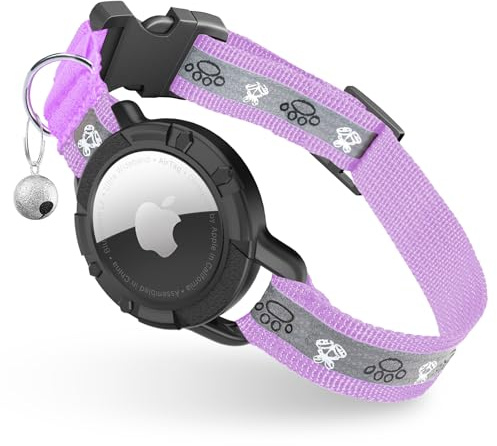 Reflektierendes Katzenhalsband mit integriertem AirTag-Halter und Glocke, Sicherheitsgummiband, GPS-Halsband für Katzen, Kätzchen und Welpen, für weibliche und männliche Tiere (Flieder, S)
