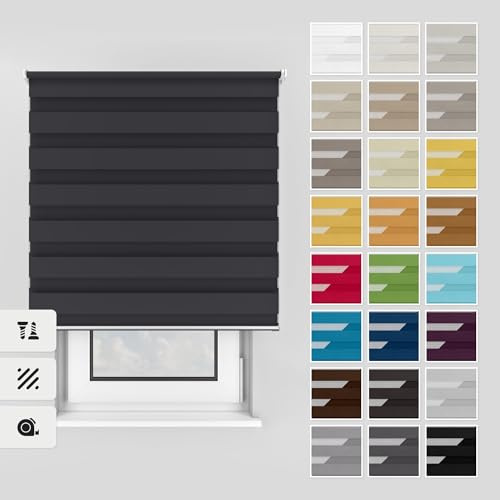 Estika Doppelrollo mit Bohren 115x150 cm Farbe: Graphit, Rollo Deckenmontage und Wandmontage Fenster rollos für innen, Jalousien Fenster, Tür Rollo