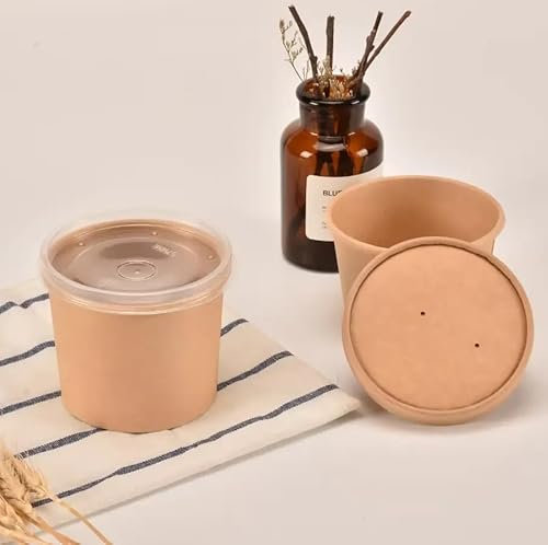 Arredo Chef Bol à Soupe en Carton kraft, Pot en papier, Gobelet pour Crème Glacée, Bol jetable Étanche et Résistant à la Chaleur lot de 50 pièces (490 ML, Couvercle en PP)