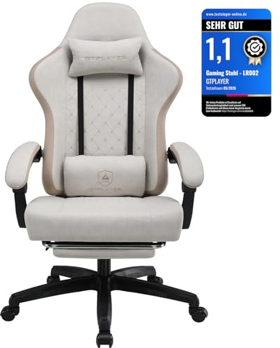 GTPLAYER Gaming Stuhl Ergonomischer Gaming Sessel Schreibtischstuhl mit Stoffoberfläche, Federsitzkissen, Verbindungsarmlehnen und Fußstütze 150KG, Beige-Braun