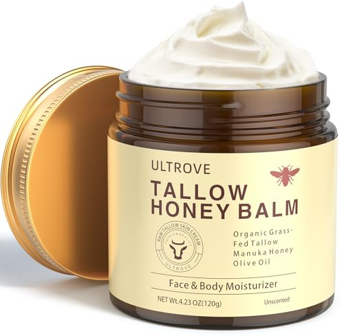 ULTROVE Beef Tallow and Honey Balm for Skin, Natural Face + Body Moisturizer with Organic Grass-Fed Beef Tallow & Raw Wild Honey for Dry & Sensitive Skin, 120g