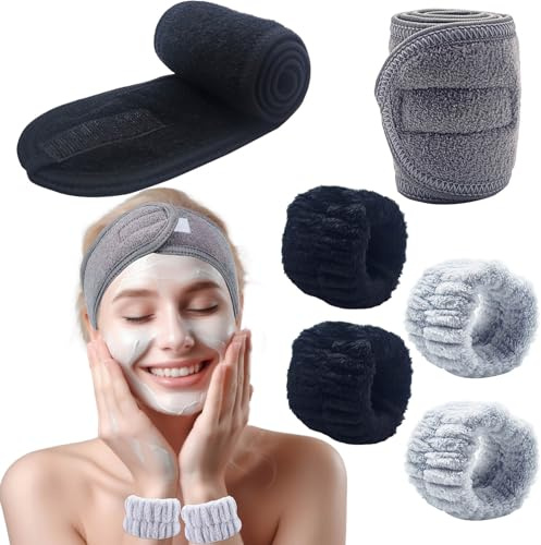 BTIYMU 6 Pièces Bandeau Cheveux Femme Maquillage Bracelet de Lavage Poignet Visage Esthétique, Serre Tete Maquillage Spa Reglable Bandeau Soin Visage Demaquillage Manchette Skincare Set(Noir, Gris)