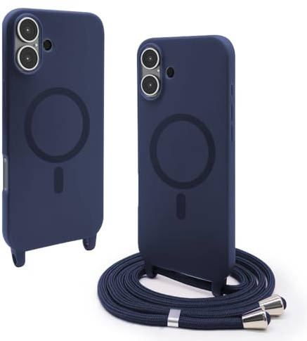 VAVAVOOMY Handykette Hülle für iPhone 16(6.1) mit Band Halsband Lanyard (abnehmbar) Handyhülle, Verstellbarer Lanyard.Magnetisch Stoßfest Silikonhülle Wireless Charging kompatibel .-Blau
