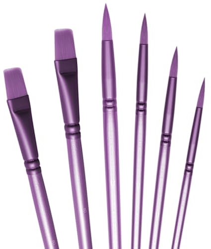 aderroo Acryl-Pinsel-Set, 6-teilig, Aquarellpinsel, Malpinsel, Nylon-Haarbürsten für Allzweck, Öl, Aquarellmalerei, Anfänger-Kits (6, lila)
