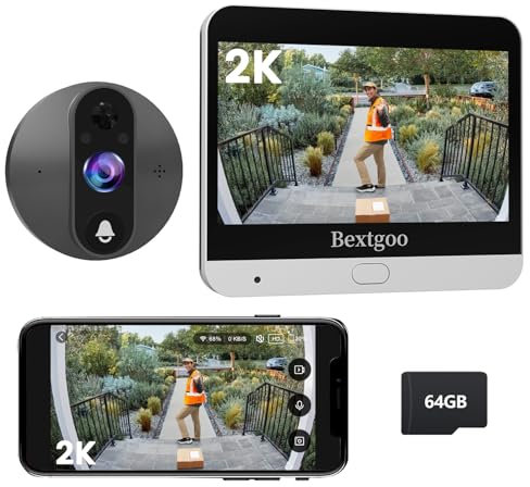 Bextgoo 2K Spioncino Digitale WiFi con Scheda di Memoria 64GB, Videocitofono WiFi, Display 4,3 Pollici con Batteria 8000mAh, Visione 170°, Rilevamento del Movimento AI, Visione Notturna