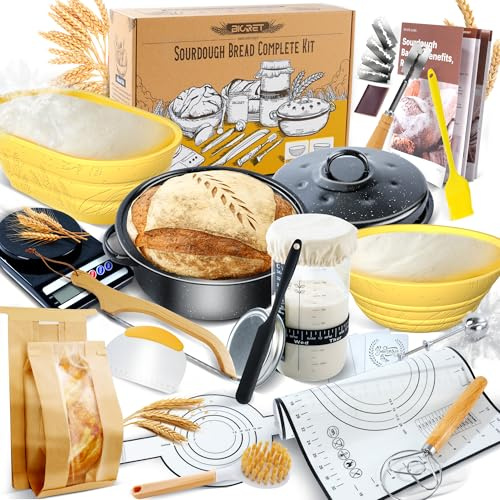 Surdeg, bröd, bakset med högkvalitativ emaljkruka och jäskorg, bröd, natur, rågbröd, jäskorg, set, jäskorg, rund, handbakat brödbakset, lämplig för hobbybagare och surdeg, brödälskare (gul)