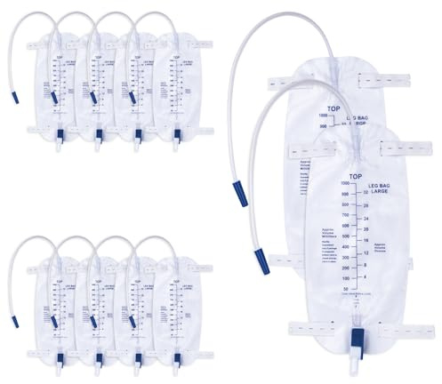 DOKIBI 1000ml Catheter Leg Bags, Urinary Drainage Bag for Men Women with Anti-Reflux Valve, 18” Tubing and Adjustable Cloth Straps, Easy Flip Drain (Pack of 10)