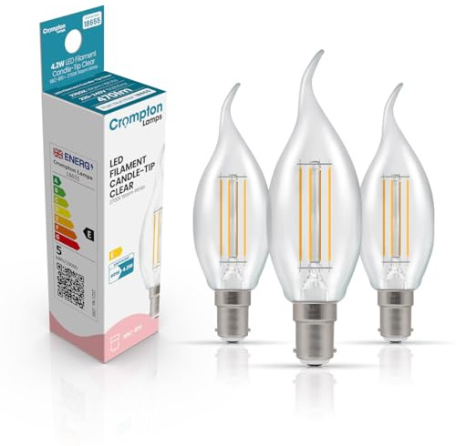 Crompton Lamps Bent-Tip Candle LED Light Bulb SBC-B15d | 4.2W = 40W Equivalent | Warm White 2700K | Flame Tip | Small Bayonet Lightbulb | Long Life 15,000-Hrs | Clear Glass | 3-Pack