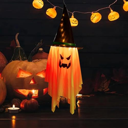 Halloween Hanging Ghost Decorations Lighted Flying Ghost Grim Reaper Skull Chains Glowing Ghost White Ghost Wizard Hat for Halloween Party Garden Yard Tree Door Lawn Party (orang)