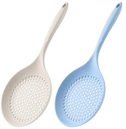 wkao Juego de 2 piezas de espumadera de silicona y cuchara ranurada, cuchara grande para freír con mango largo, coladores resistentes al calor