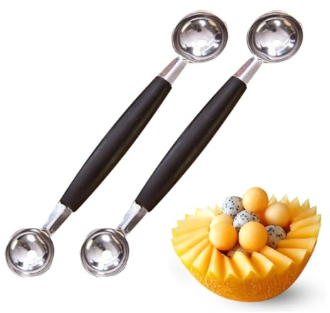 2 Pièces Paquet de Cuillère À Boule de Melon À Fruits Double Face, 18 cm Cuillère Parisienne de Melon 2 en 1 Cuillère À Boule en Acier Inoxydable