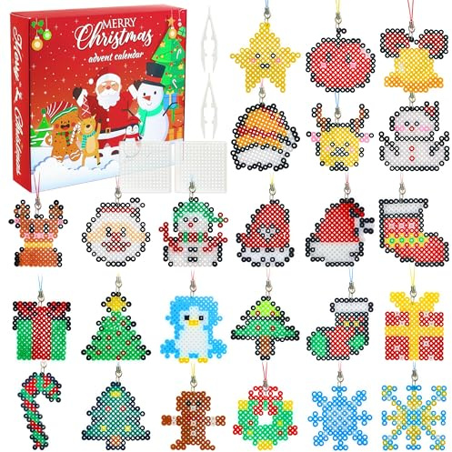 Christmas Crafts Advent Calendar 2025, 24 Days Countdown to Christmas Fuse Beads Kit with Pegboard, Tweezers, Ironing Paper, Diy Xmas Art Ornaments Making Kit Gift for Holiday Activity