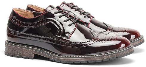 Harssidanzar Scarpe eleganti da uomo in pelle verniciata con classico motivo brogue,elastico e allacciatura Oxford formale KM310EU,rosso bordeaux,Dimensione 42