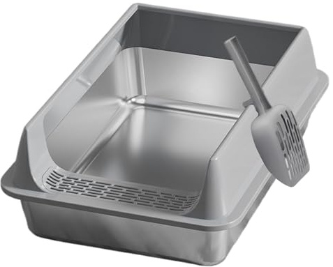 Stainless Steel Cat Litter Box, Stainless Steel Cat Litter Tray With Scoop Semi Enclosed Metal Catlitter Pan High Sided For Dormitory Apartment Living Room Car, 40x30x19cm