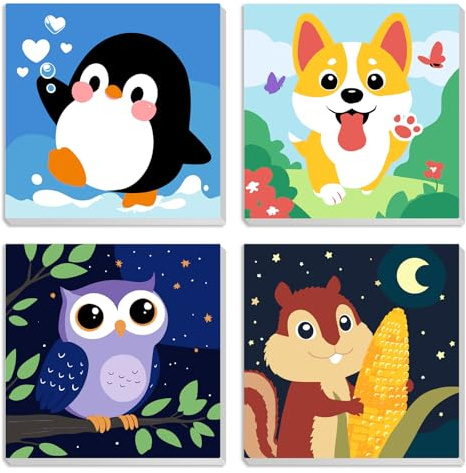 MXJSUA 4 Pack Framed Canvas Paint by Numbers for Kids Adults, Cute Animals Penguins Paint by Numbers Kit for Children Beginners, DIY Acrylic Painting Craft Kits for Home Wall Decor, 8x8 inch