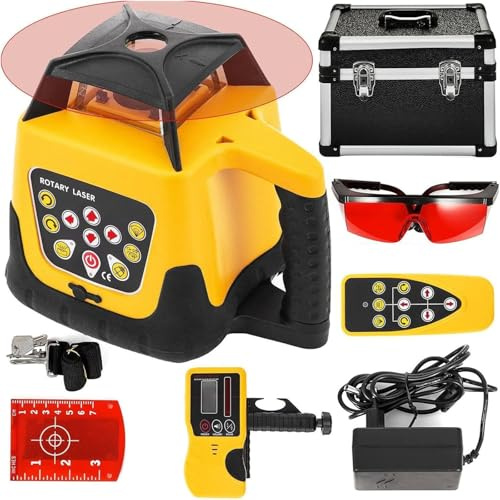 Rotating Laser Level Set - 360-degree Automatic Leveling, Includes Receiver, Detector Bracket, Carrying case,