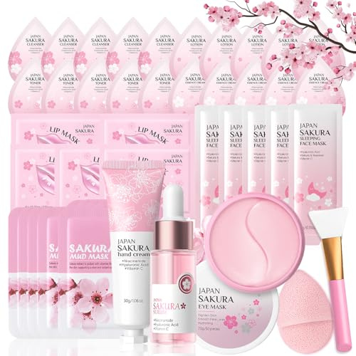 Sakura Skincare Set Teenager Mädchen Geschenke, Sakura Beauty Geschenksets, Skin Care Set Pflegende, Mit Reiniger, Gesichtscreme, Gesichtsserum, Augenserum, Gesichtspflege Set Damen (40PCS)