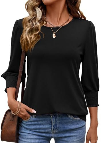 IECCP Hauts Femme Décontractés Col V Tunique Dames Chemisiers Manches Longues Habillés Manches Smockées T-Shirts Vêtements Floral Violet Noir XL (FR 46-48)