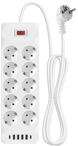 Multiprise avec USB C 2M, Bloc Multiprise 10 Prises avec USB C, Multiprise 10 Prises avec Protection Contre Les Surtensions, Bloc Prise avec Interrupteur pour Maison