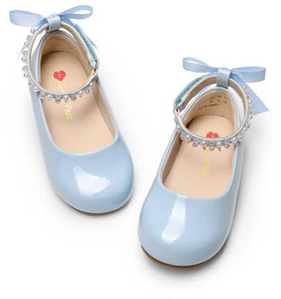 DREAM PAIRS Toddler Little Girls Dress Shoes Flower Girl Mary Jane Ballet Flat Shoes with Pearl Ankle Strap & Satin Bow for Wedding/Party,Size 5 Toddler,Light Blue,SKFA26002K
