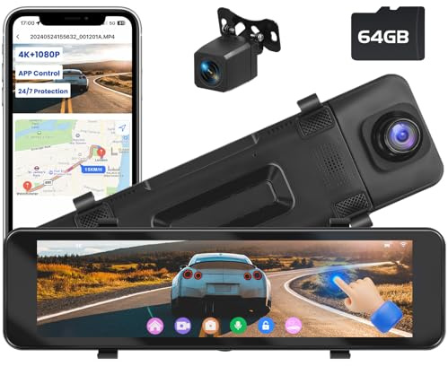 Hikity Specchietto Retrovisore Smart 10,8, Dash Cam Auto 4K con Telecamera Posteriore 1080P, WiFi, GPS, USB-C, Scheda 64GB Inclusa, Visione Notturna, Monitoraggio Parcheggio