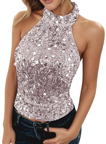 Generisch Lentejuelas Top Mujer Cuello Halter Glitter Tank Top Sexy Sin Mangas Elegante Blusa Monocolor Blusa Ajustada Adelgazante Camiseta sin Mangas para Fiesta Nactclub Festivo Carnaval Disfraz, O