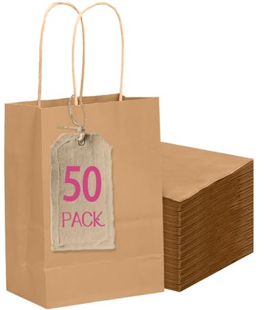 Gcardist 50 Stück Mini-Geschenktüten Braun-Geschenktüten aus Papier mit Henkeln–Tasche Partygeschenktüten für vielfältige Verwendungszwecke-12x6x15cm