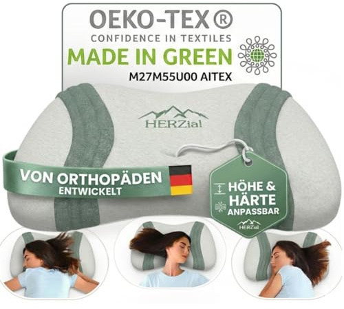 hERZtal Nackenstützkissen Orthopädisch – Ergonomisches Memory Foam Kopfkissen für Seiten-, Rücken- & Bauchschläfer – HWS Nackenkissen gegen Nackenschmerzen – Oeko-TEX Made in Green & Waschbarer Bezug