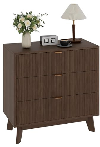 GarveeHome 3-Schubladen-Kommode, Geriffelte Dunkelbraun Holz-Optik, Moderner Mid-Century Stil, Robuster Holzwerkstoff, Für Schlafzimmer & Wohnzimmer, Größe 80 x 40 x 78 cm