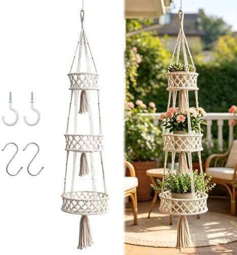 Shocanm Makramee Blumenampel Hängekorb, Baumwollseil Hängeampel Blumentopf mit Haken, Boho Deko Hängetopf für Pflanzen,Pflanzkorb Hängender Pflanzenhalter Blumentopfhalter für Innen, Garten, Wohnzimm