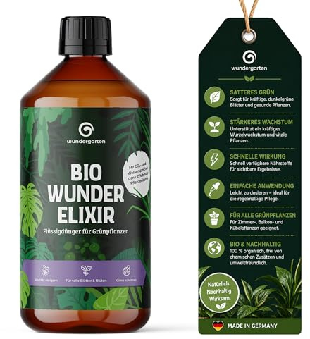 1x 500ml Bio Flüssigdünger für Grünpflanzen – Wundergarten Wunderelixier – Mit Pflanzenkohle – Zimmerpflanzen Dünger für Monstera, Ficus & Co. – Organischer Blumendünger für kräftige grüne Blätter