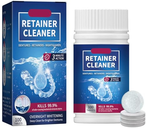 Retainer Cleaner Tablets – Freshening & Brightening Denture Cleaning Tablets for Aligners, Mouth Guards, Gum Shields & Dentures, Deep Cleaning Formula, 100 Count