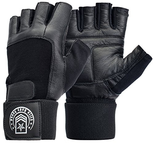 Weight Lifting Gym Gloves with Wrist Support, Soft Leather - Black | Soft leather workout gloves, double-stitched finger & palm, breathable mesh back, adjustable wrist strap for lifting