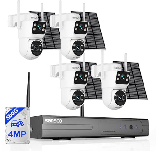 SANSCCO 4MP Dual Lens Solar Camera Wireless Outdoor, CCTV Security Camera System 10CH NVR 500GB Hard Drive, 4x PTZ Battery Powered Camera, 360° View, Human Detection, Colour Night Vision, 2-Way Audio