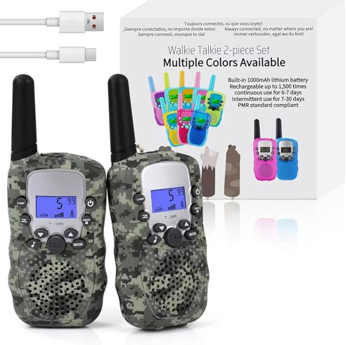 Radio Profesional walkie Talkie Set para niños, Radio 388 para niños con Pilas Recargables, radioaficionado Operador 8 Canales PMR 446 Alcance hasta 2-3 km (Set de 2) Color Camuflaje