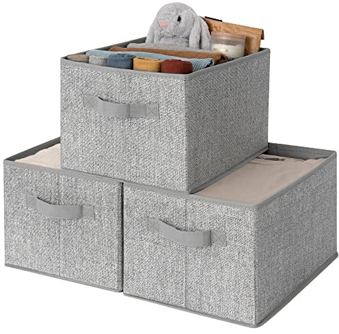 GRANNY SAYS Groß Aufbewahrungsbox, 3er-Pack Aufbewahrungsboxen Stoff, Aufbewahrungskorb, Faltbare Stoffboxen, Boxen Aufbewahrung mit Griff, Kleiderschrank Organizer, Grau Regalboxen