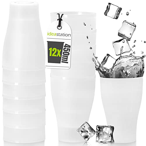 NEO Plastikbecher transparent - 12 Stück - 450 ml - Trinkbecher | BPA-frei + Mehrweg + Bruchfest - Becher aus robustem Kunststoff - wiederverwendbare Kunststoffbecher aus Hart-Plastik