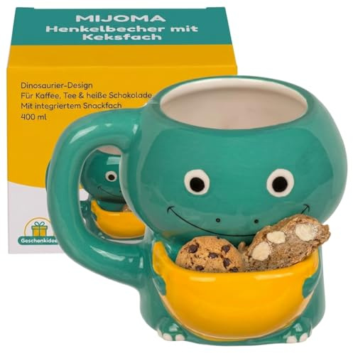 MIJOMA Henkelbecher mit Keksfach – Dinosaurier Tasse aus Dolomit, 400 ml | origineller Kaffeebecher mit Snackfach, witziges Mitbringsel für Keks- & Teeliebhaber